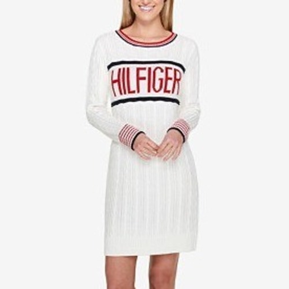 Tommy Hilfiger Logo Cable Knit Sweater Dress White Red Blue Women's Size Large